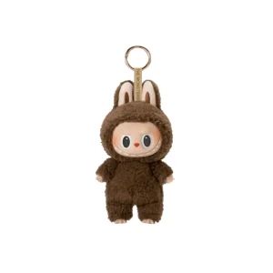 Labubu Macaron brown bunny plush keychain with gold keyring on white background.