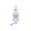 Blue Labubuo bunny plush keychain with fluffy ears and shell-shaped accessory on a white background.