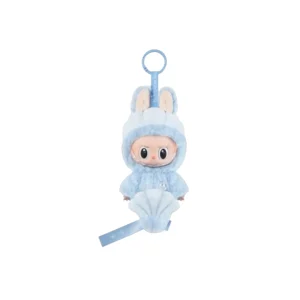 Blue Labubuo bunny plush keychain with fluffy ears and shell-shaped accessory on a white background.
