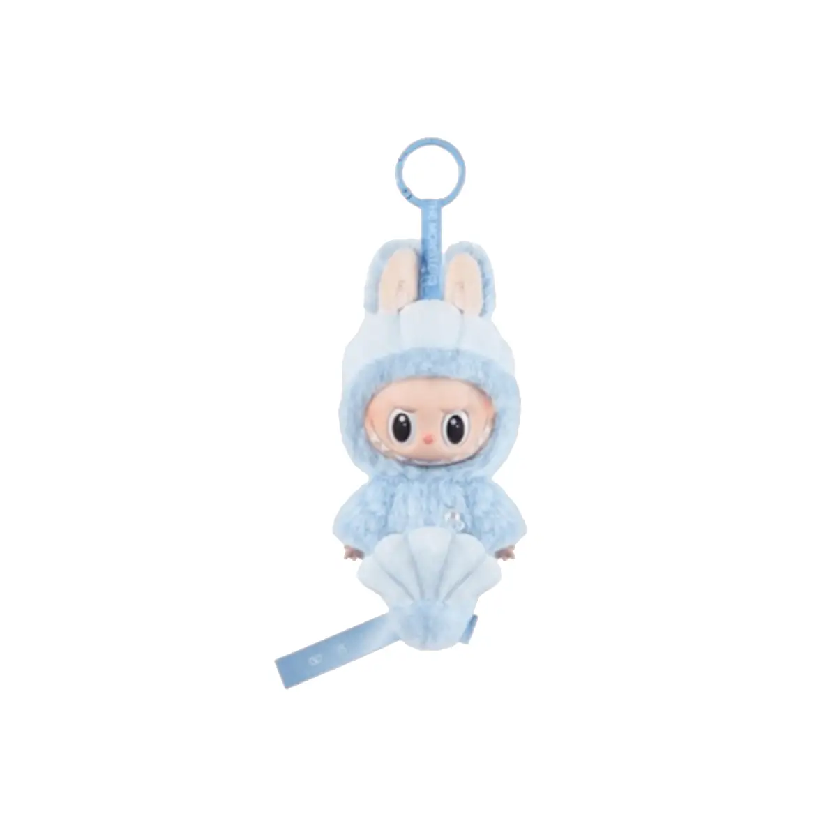 Labubuo Hide-and-Seek Blue Bunny Plush Keychain Blue Labubuo bunny plush keychain with fluffy ears and shell-shaped accessory on a white background.